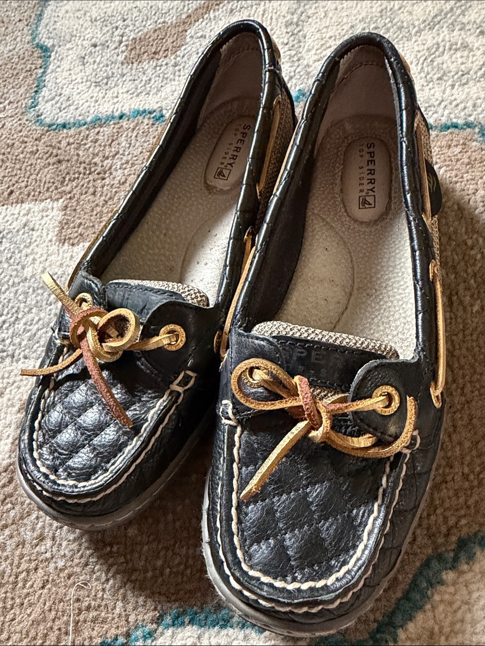 Sperry Women's Navy Blue Leather Moccasins with Tan Laces
